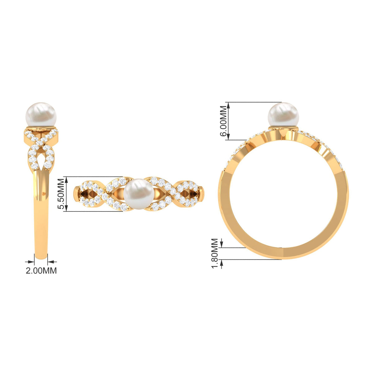 Two-carat freshwater pearl crossover engagement ring with diamonds by Rosec Jewels, featuring elegant white pearl and sparkling accents.