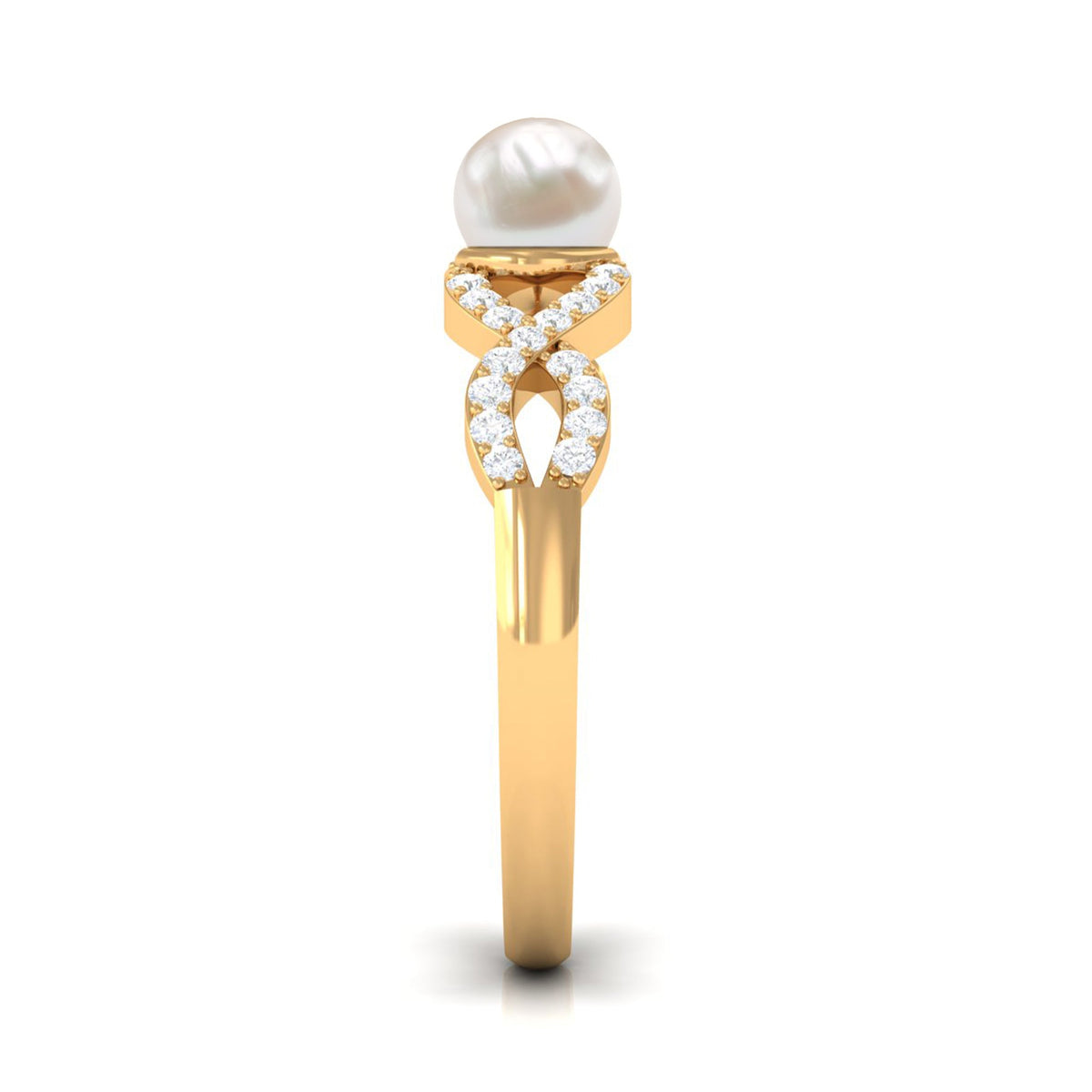 Rosec Jewels 2 Carat freshwater pearl crossover engagement ring with diamond accents, showcasing elegant pearl and sparkling diamonds.