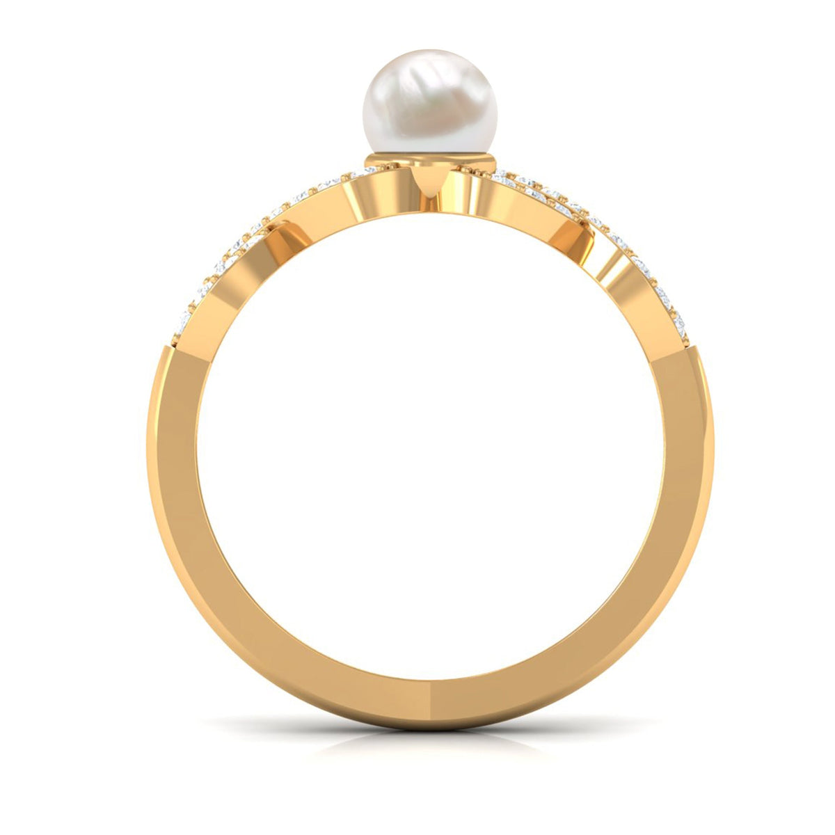 Two-carat freshwater pearl crossover engagement ring with diamond accents by Rosec Jewels, showcasing elegant design and fine craftsmanship.