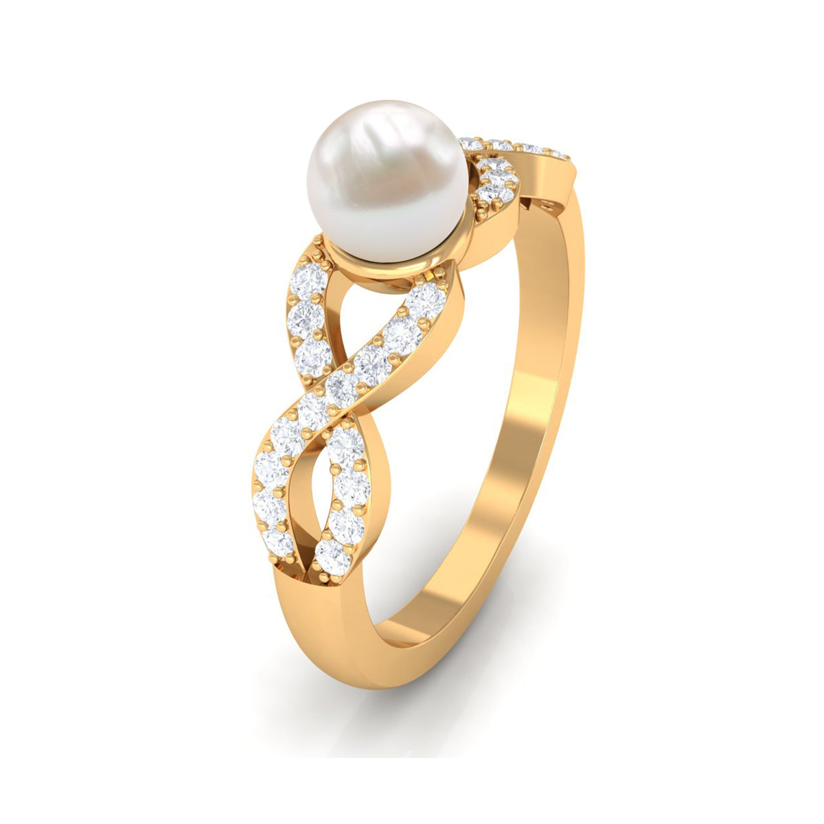 Freshwater pearl crossover engagement ring with diamond accents by Rosec Jewels, showcasing elegant design and sparkling details.