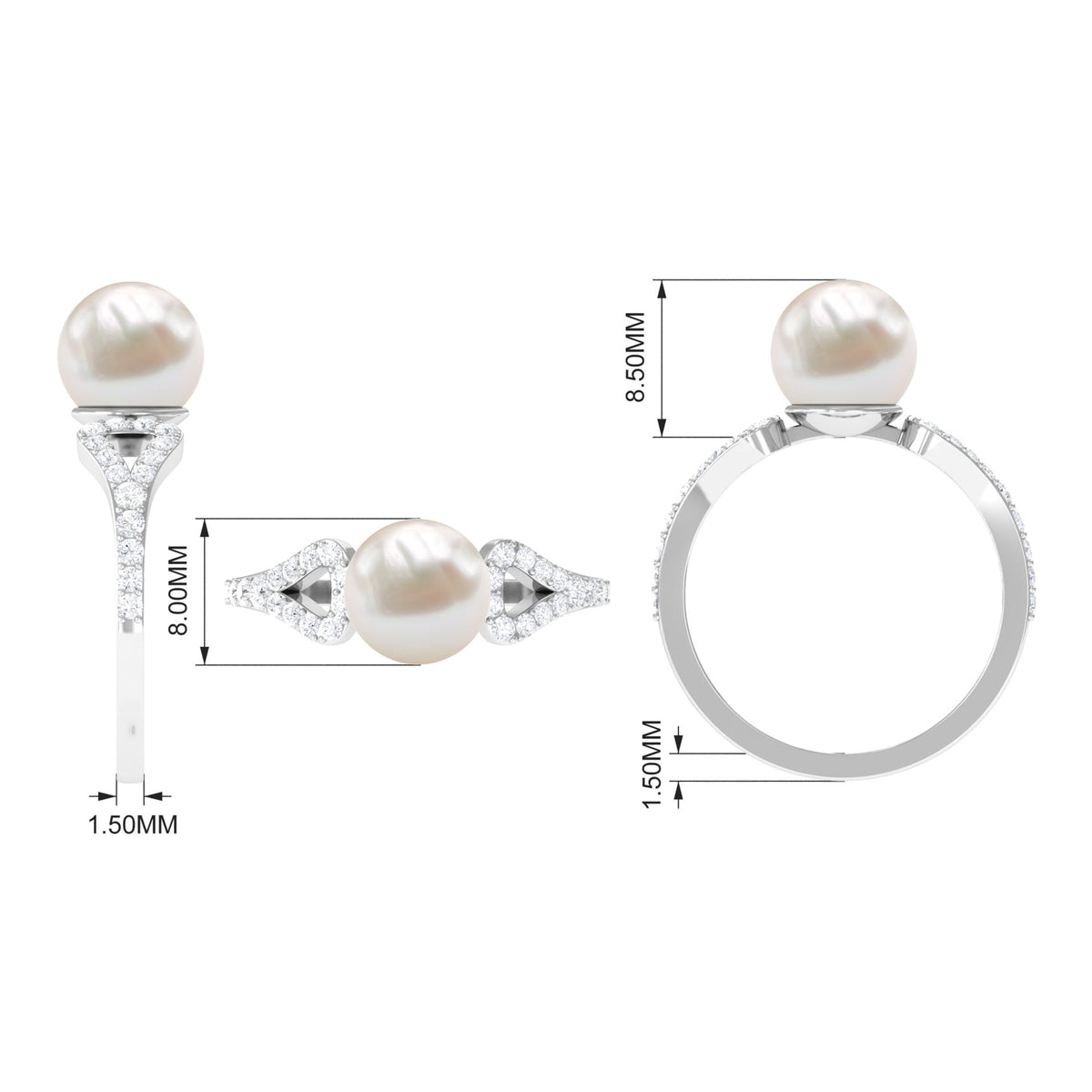 Cultured 7.4 carat freshwater pearl solitaire engagement ring with diamond accent from Rosec Jewels, showcasing a elegant ring design.