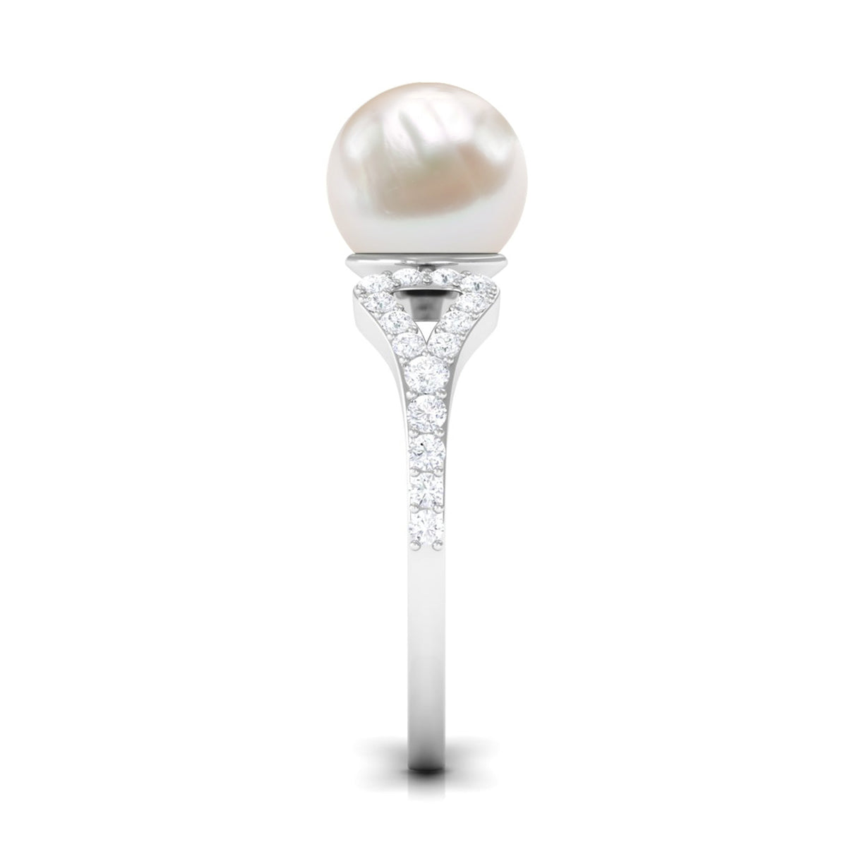 Cultured 7.4 carat freshwater pearl solitaire engagement ring with diamond accents by Rosec Jewels, showcasing a elegant ring design.
