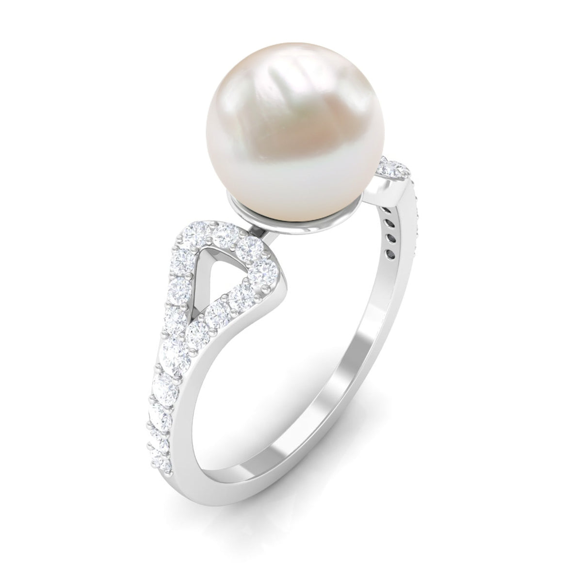 Rosec Jewels cultured 7.4 carat freshwater pearl solitaire engagement ring with diamond, showcasing elegant jewelry design.