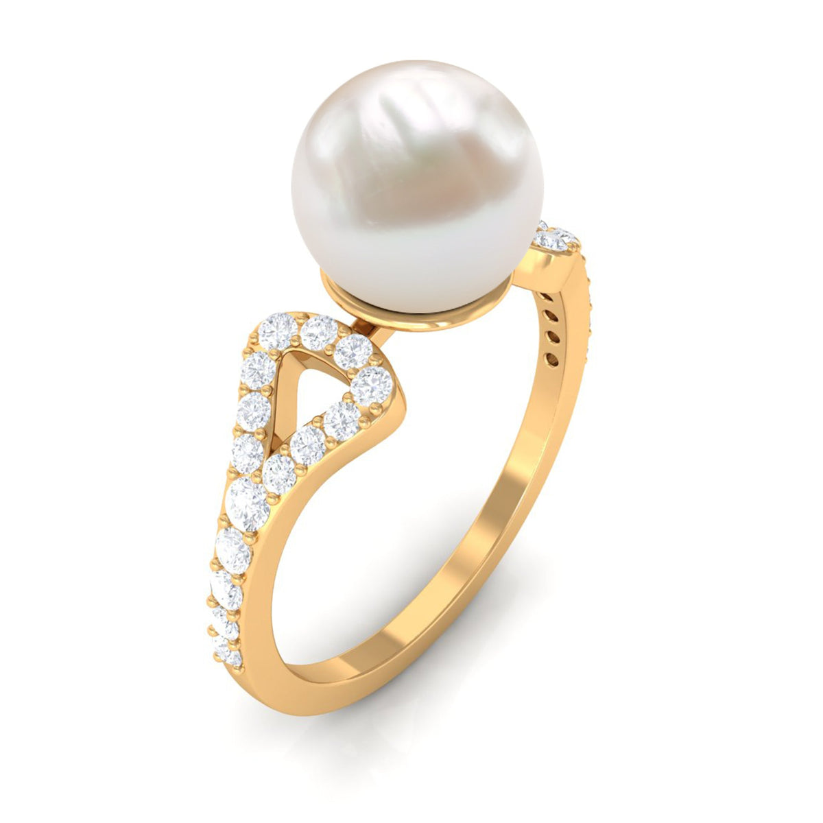 Cultured 7.4 carat freshwater pearl solitaire engagement ring with diamond setting by Rosec Jewels on a white background.