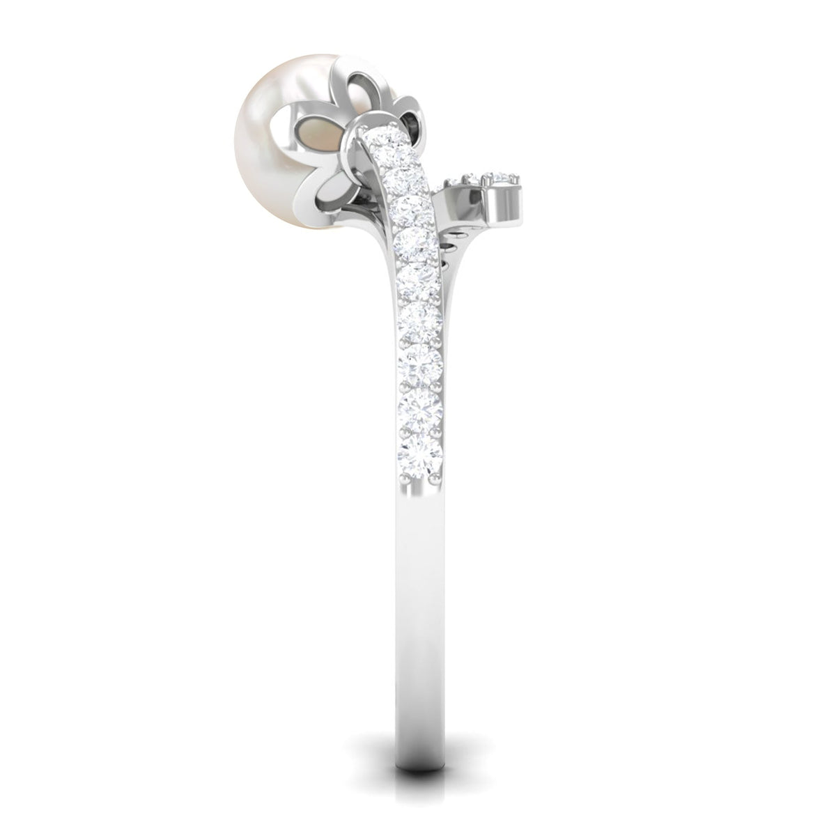 Natural 2 Carat freshwater pearl wrap engagement ring with diamond from Rosec Jewels, featuring elegant design and sparkling accents.