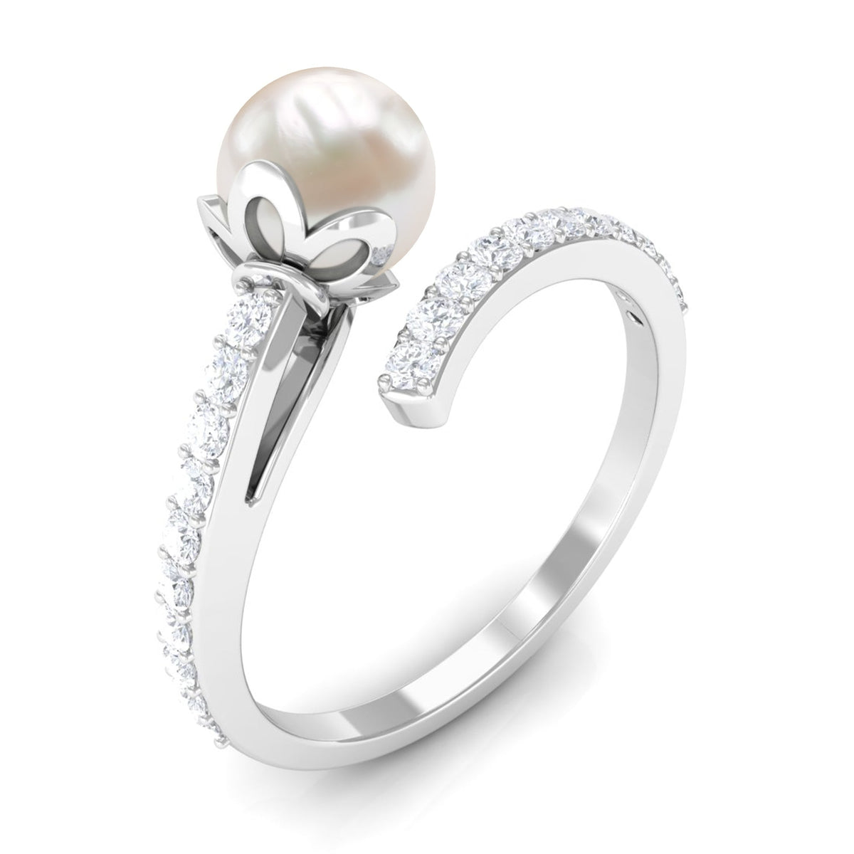 Natural 2 Carat freshwater pearl wrap engagement ring with diamond from Rosec Jewels, showcasing elegant pearl and sparkling accents.