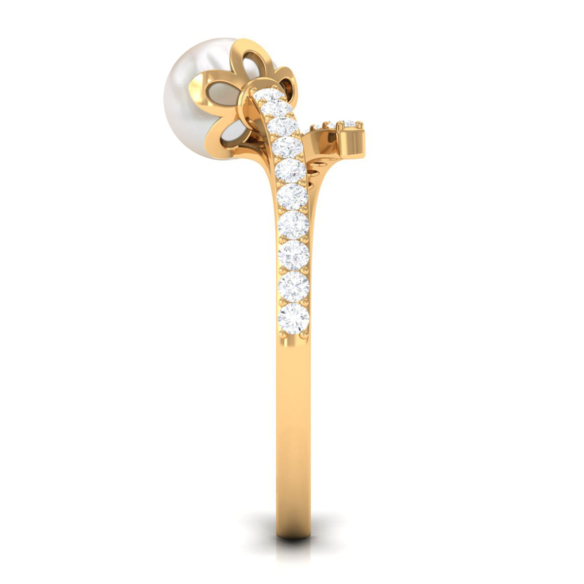Natural 2 Carat Freshwater Pearl and Diamond wrap engagement ring by Rosec Jewels showing the ring's elegant design.