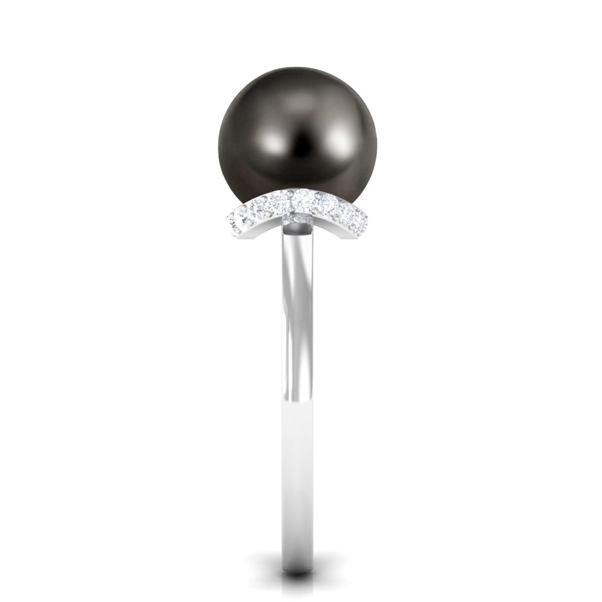 Tahitian pearl solitaire engagement ring with diamond halo from Rosec Jewels, featuring a lustrous black pearl and sparkling diamond accents.