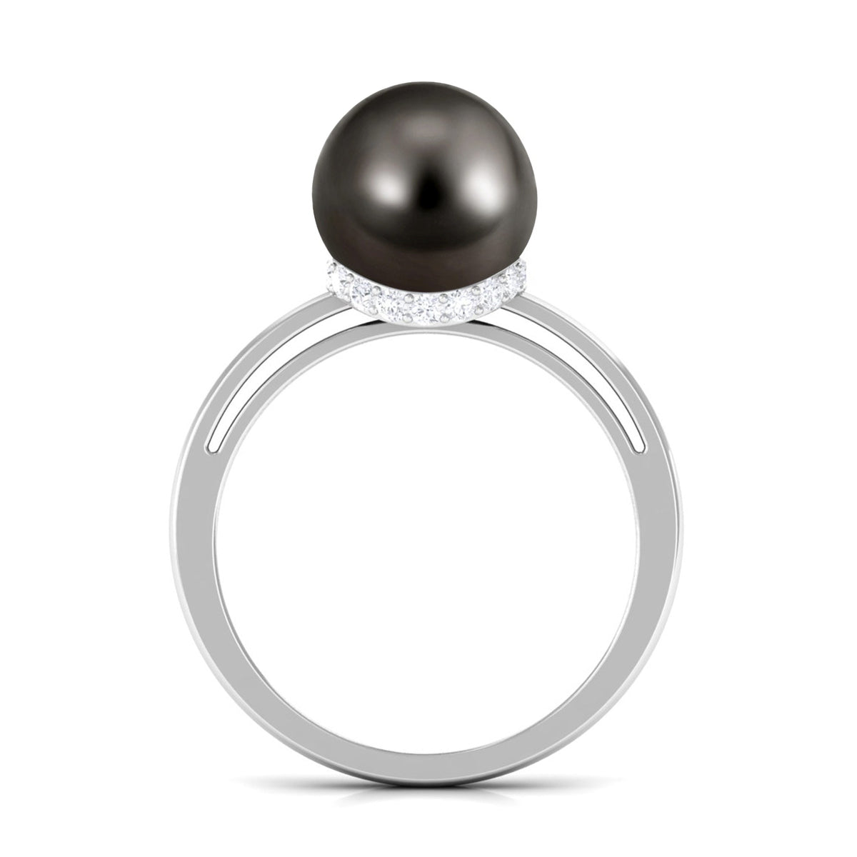 Tahitian pearl solitaire engagement ring by Rosec Jewels featuring a diamond surprise halo and elegant gold band.
