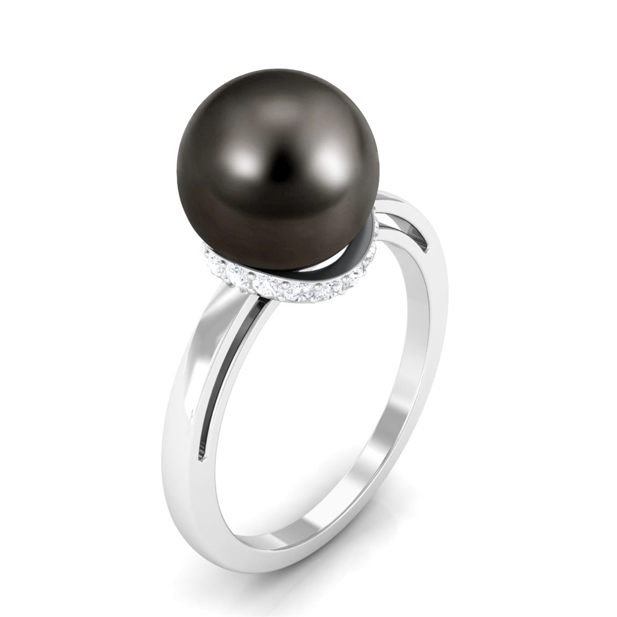 Tahitian pearl solitaire engagement ring with diamond halo by Rosec Jewels, featuring a lustrous black pearl and sparkling diamond accents.