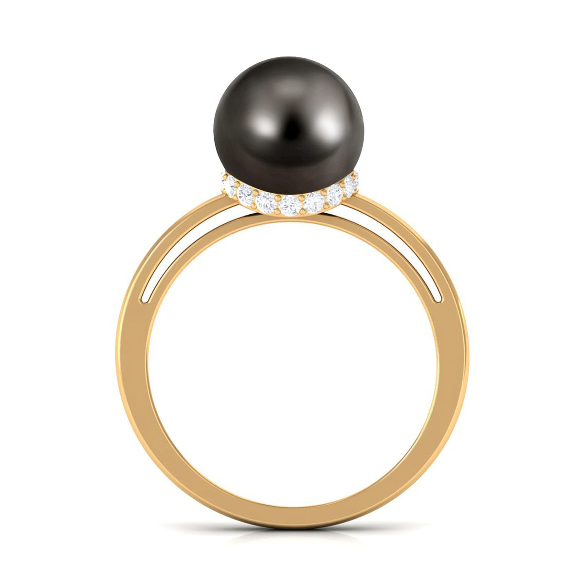 Tahitian pearl solitaire engagement ring with diamond surprise halo, featuring a rose gold band and intricate design details.