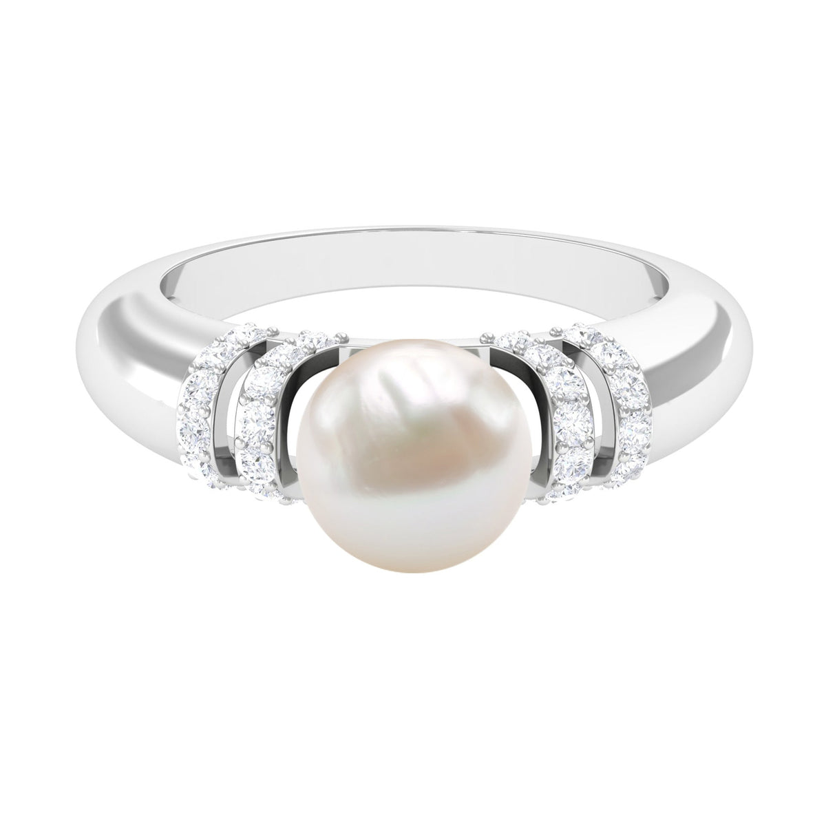Freshwater pearl solitaire engagement ring with diamond accent by Rosec Jewels, featuring a 7.48-carat pearl and elegant design.