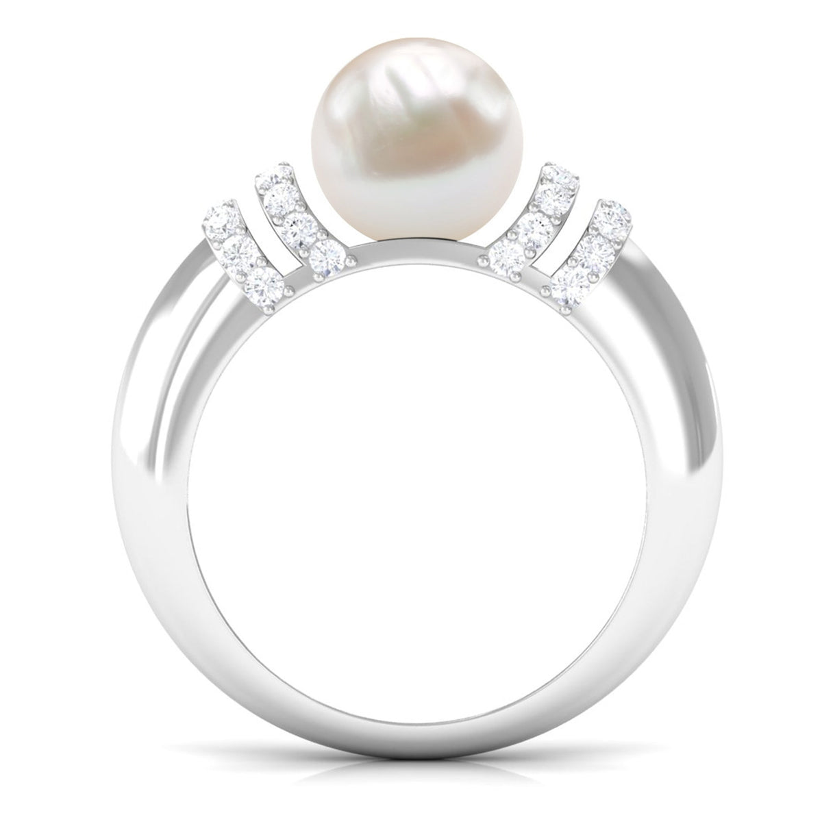 Rosec Jewels 7.48 Carat freshwater pearl solitaire engagement ring with a diamond, showcasing a elegant pearl centerpiece and silver band.