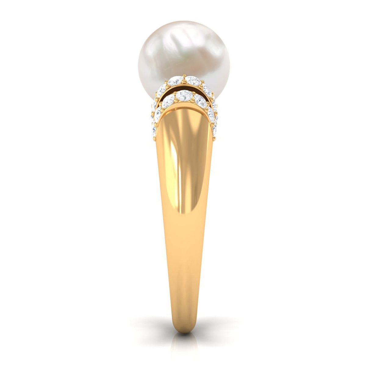 Freshwater pearl solitaire engagement ring with diamond accents by Rosec Jewels, showcasing a 7.48-carat pearl on a delicate band