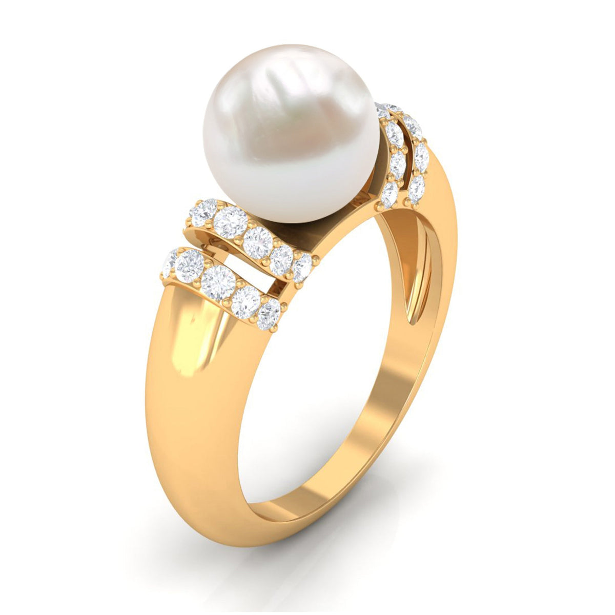 Freshwater pearl solitaire engagement ring with diamond accent by Rosec Jewels, showcasing a 7.48 carat pearl on a elegant ring band