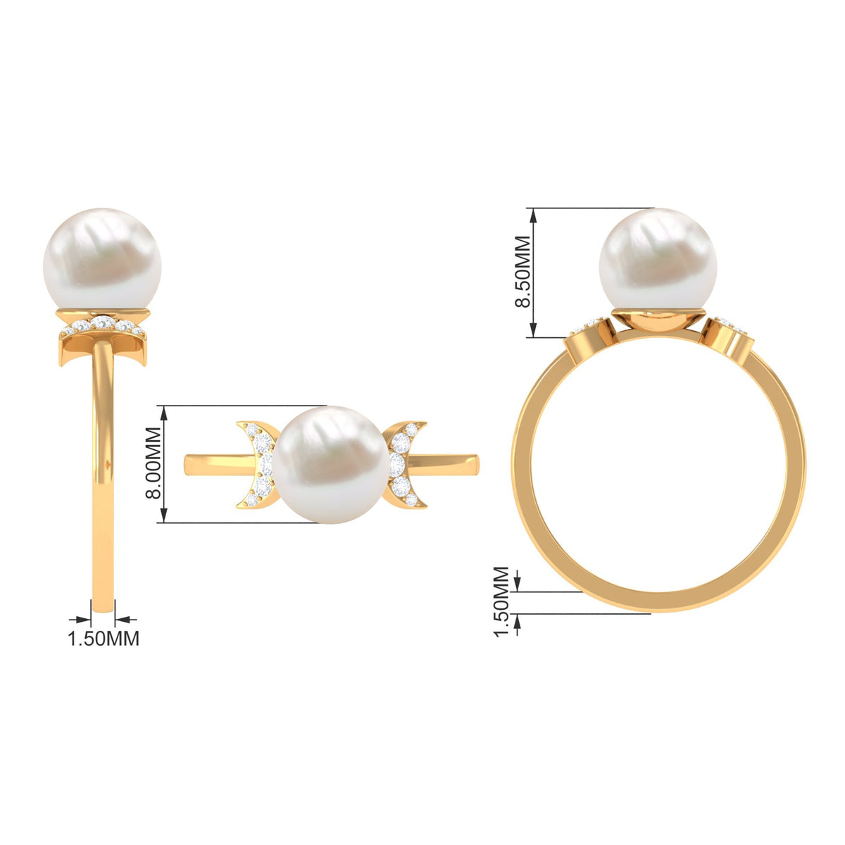 Natural 7.4 carat freshwater pearl solitaire engagement ring with diamond, featuring a sleek gold band from Rosec Jewels.