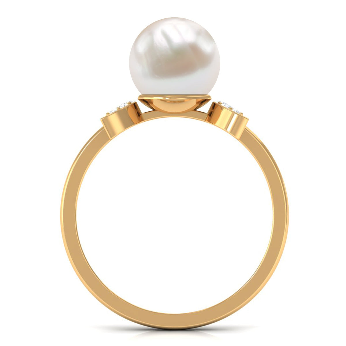 Natural 7.4 carat freshwater pearl solitaire engagement ring with diamond accents, featuring a sleek band and elegant design.