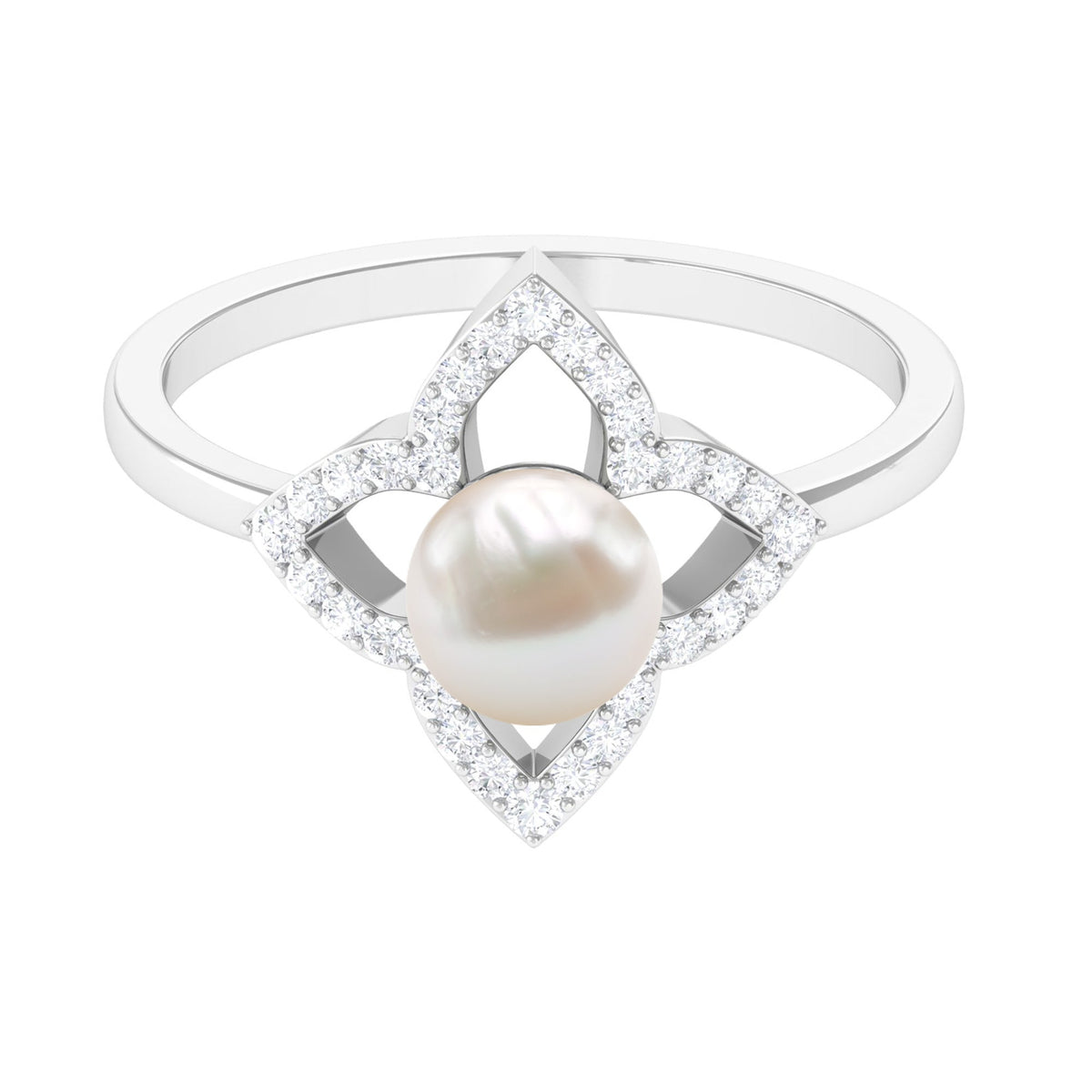 Rosec Jewels 2 Carat Freshwater Pearl flower engagement ring with diamond, featuring intricate floral design and elegant craftsmanship.
