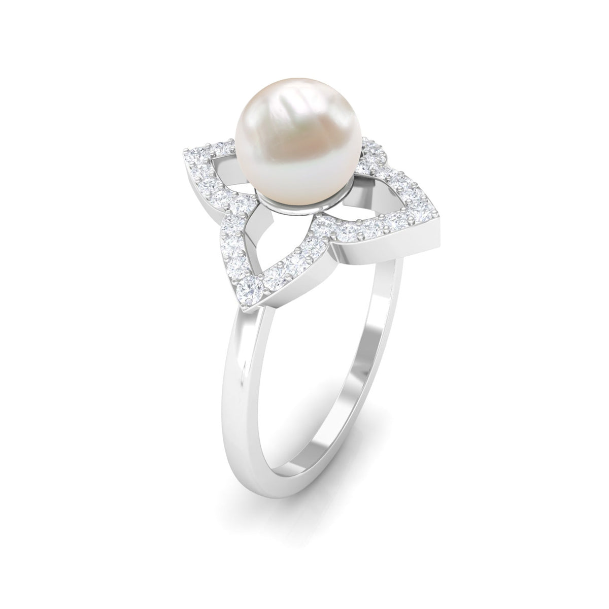 Rosec Jewels real 2 carat freshwater pearl flower engagement ring with diamond, featuring intricate floral design and sparkling accents.