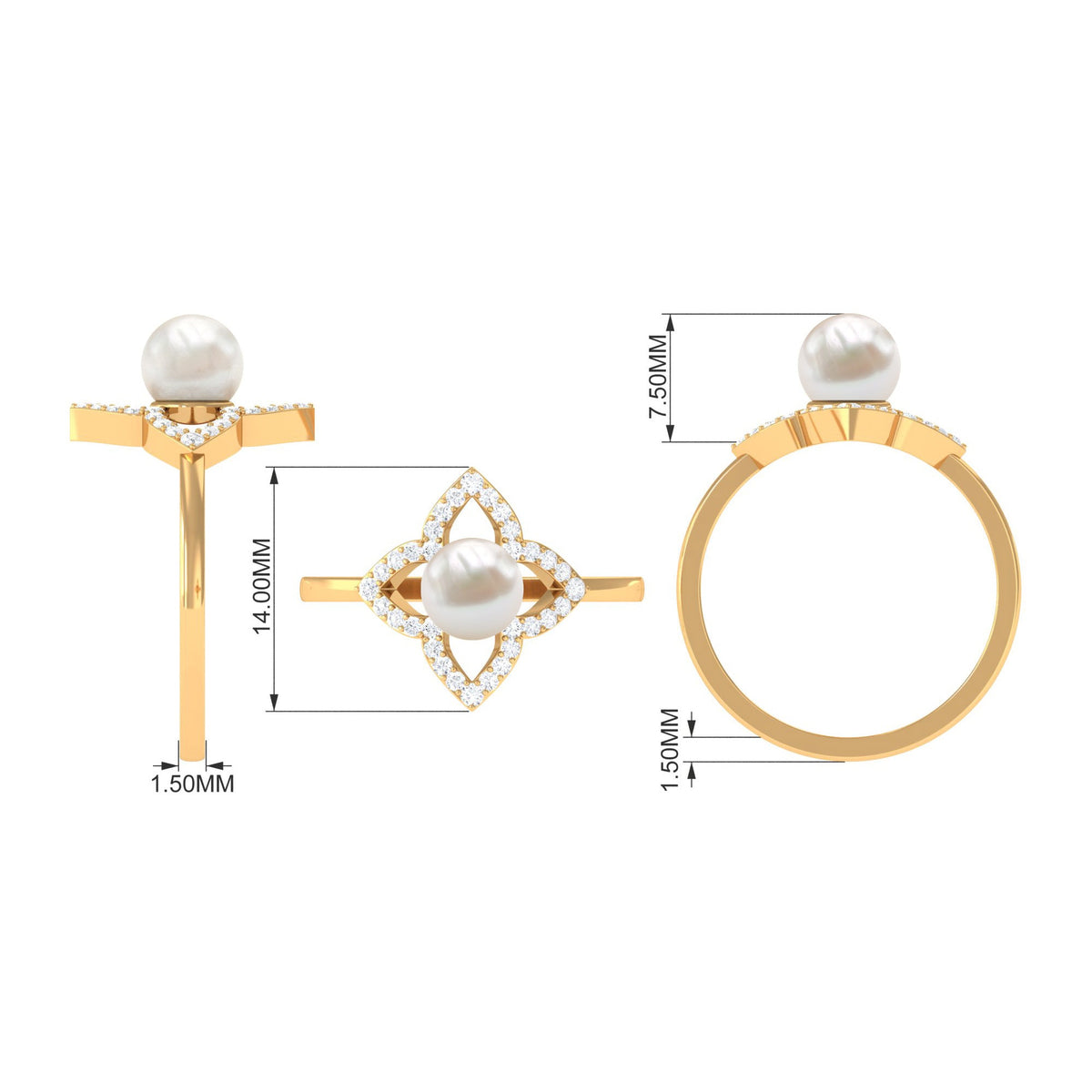 Rosec Jewels 2 Carat Freshwater Pearl Flower Engagement Ring with Diamond, featuring a pearl centerpiece and intricate floral design.