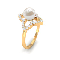 Real 2 Carat freshwater pearl flower engagement ring with diamond accents from Rosec Jewels, featuring intricate floral design.