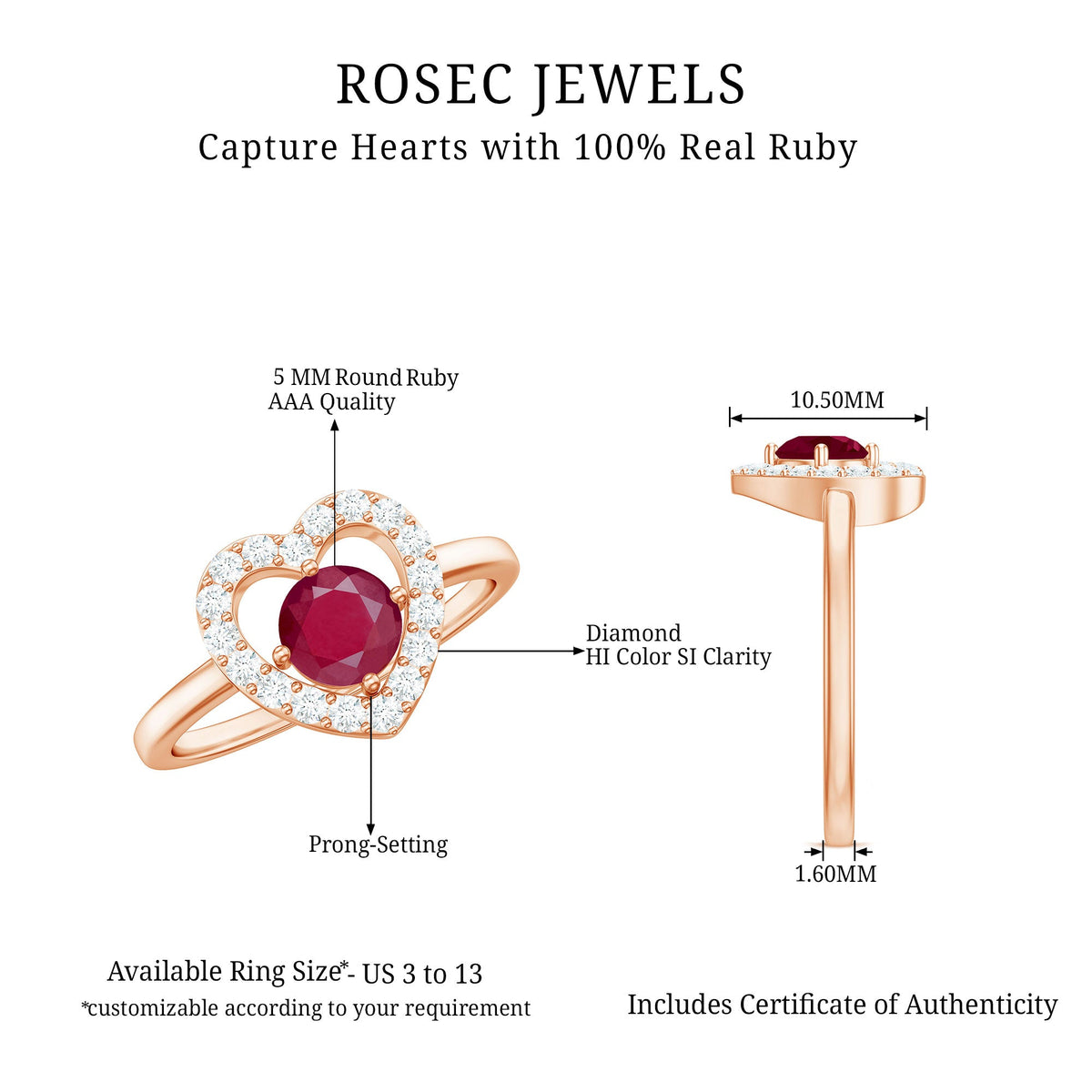 Natural 0.6 Carat Ruby Diamond Heart Engagement Ring for Women