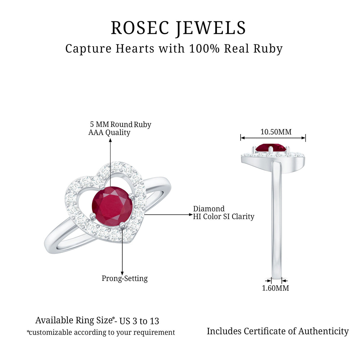 Natural 0.6 Carat Ruby Diamond Heart Engagement Ring for Women