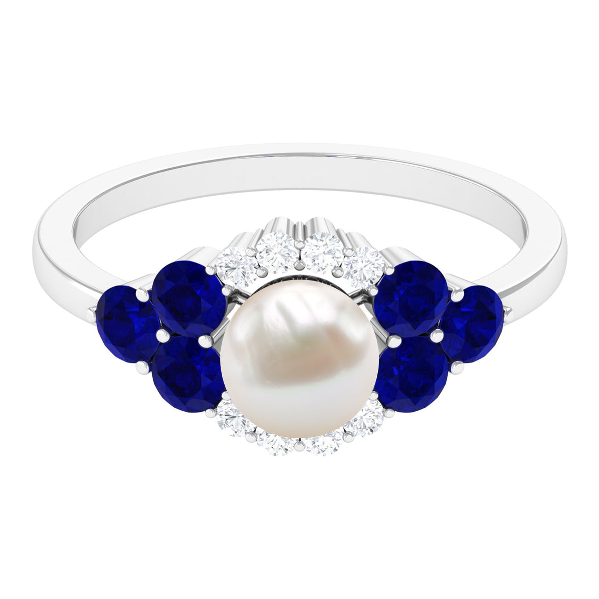 Elegant Rosec Jewels 2 Carat freshwater pearl and blue sapphire engagement ring with diamond accents, showcasing intricate design and craftsmanship.