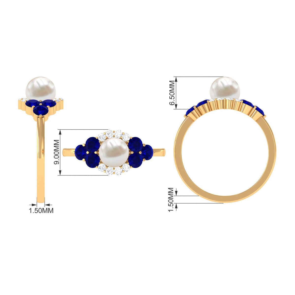 Two-carat freshwater pearl and blue sapphire engagement ring by Rosec Jewels with diamond accents, showcasing elegant jewelry design.