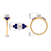 Two-carat freshwater pearl and blue sapphire engagement ring by Rosec Jewels with diamond accents, showcasing elegant jewelry design.