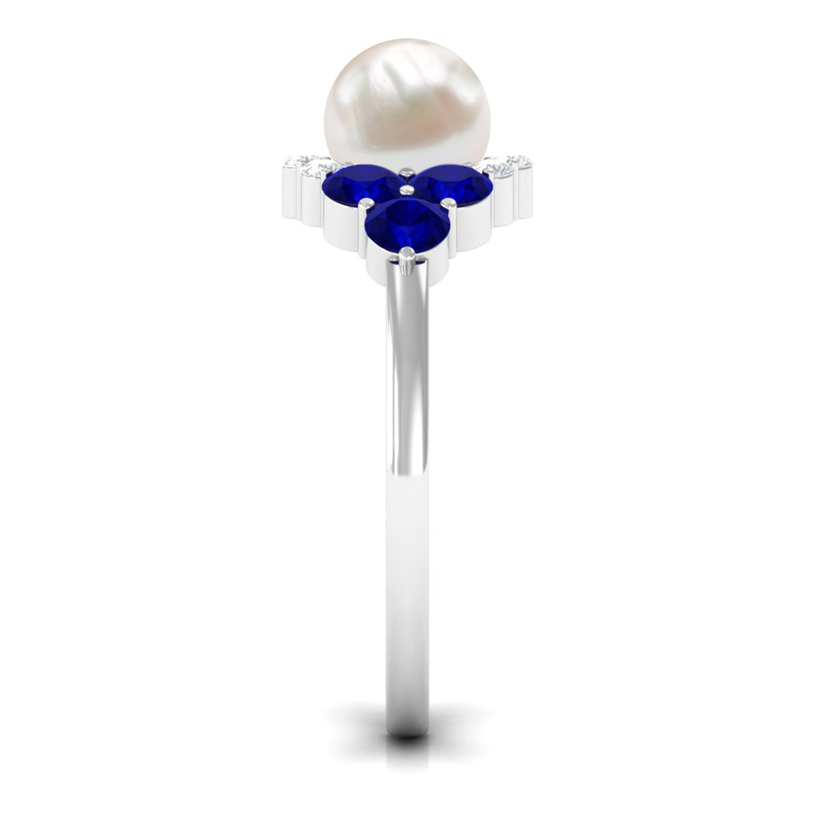 Rosec Jewels 2 Carat freshwater pearl, blue sapphire, and diamond engagement ring showcasing elegant gemstones and craftsmanship.