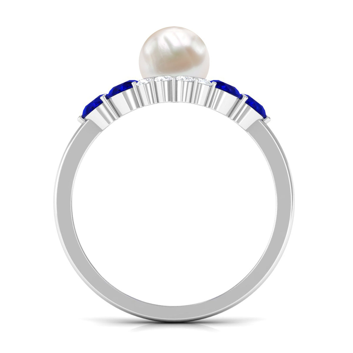 Rosec Jewels 2 Carat freshwater pearl and blue sapphire engagement ring with diamond, showcasing a detailed gold band and elegant design.