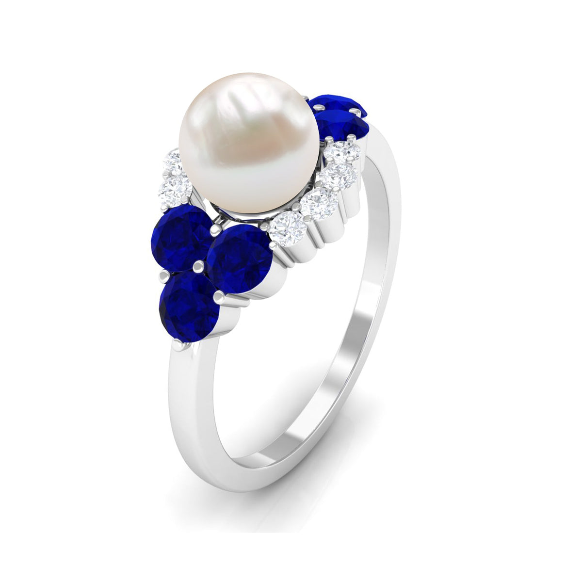 2 Carat freshwater pearl and blue sapphire engagement ring with diamonds, crafted by Rosec Jewels, featuring elegant gemstone details.