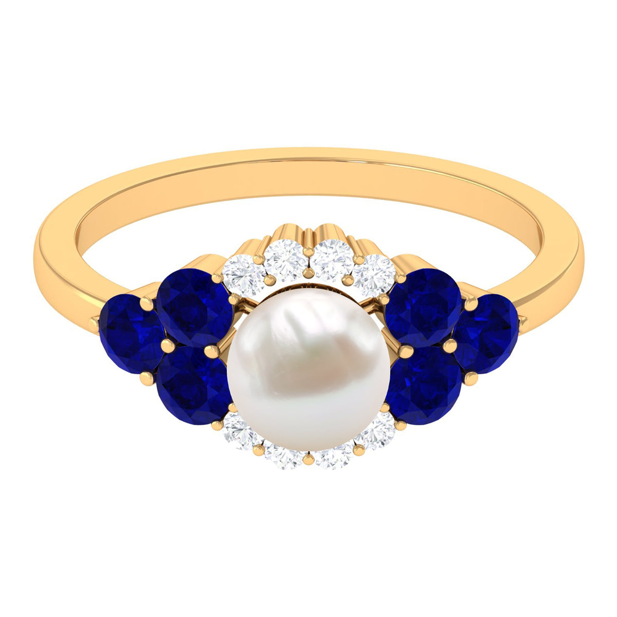 Two-carat freshwater pearl and blue sapphire engagement ring with diamond accents, showcasing elegant jewelry design by Rosec Jewels.