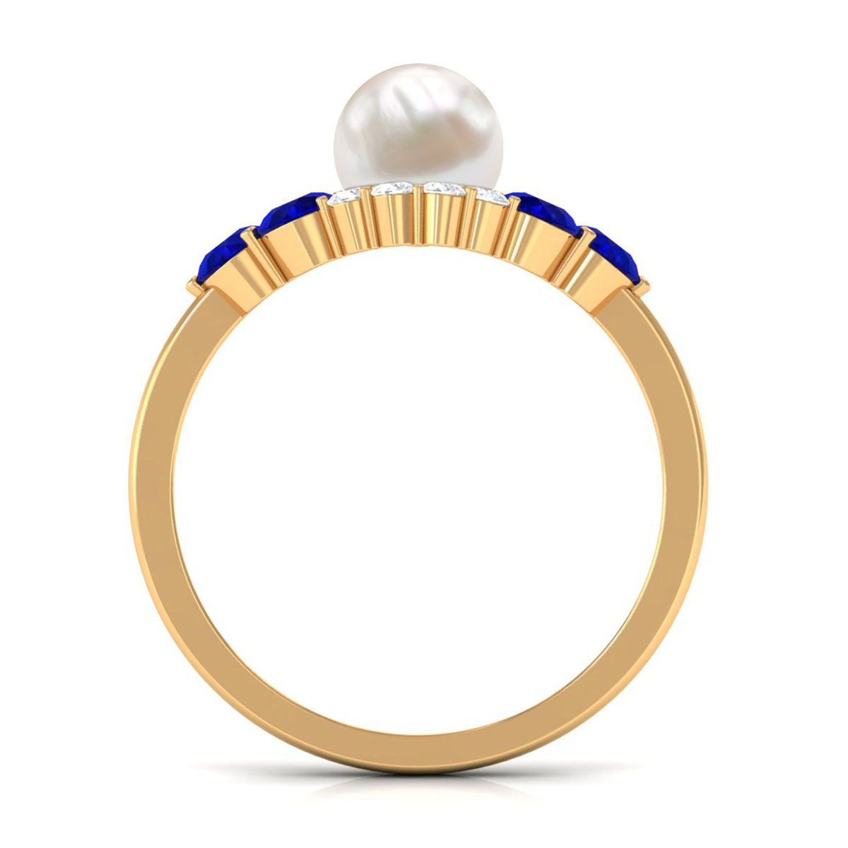 2 Carat freshwater pearl and blue sapphire engagement ring with diamonds by Rosec Jewels, showcasing elegant gemstone details.