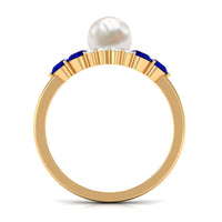 2 Carat freshwater pearl and blue sapphire engagement ring with diamonds by Rosec Jewels, showcasing elegant gemstone details.