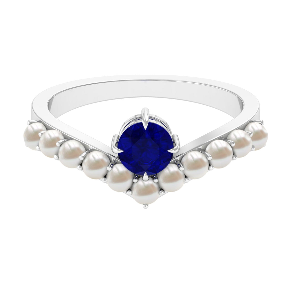 Blue sapphire and freshwater pearl chevron ring with 2-carat solitaire, featuring Rosec Jewels' elegant design.