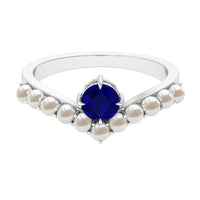 Blue sapphire and freshwater pearl chevron ring with 2-carat solitaire, featuring Rosec Jewels' elegant design.