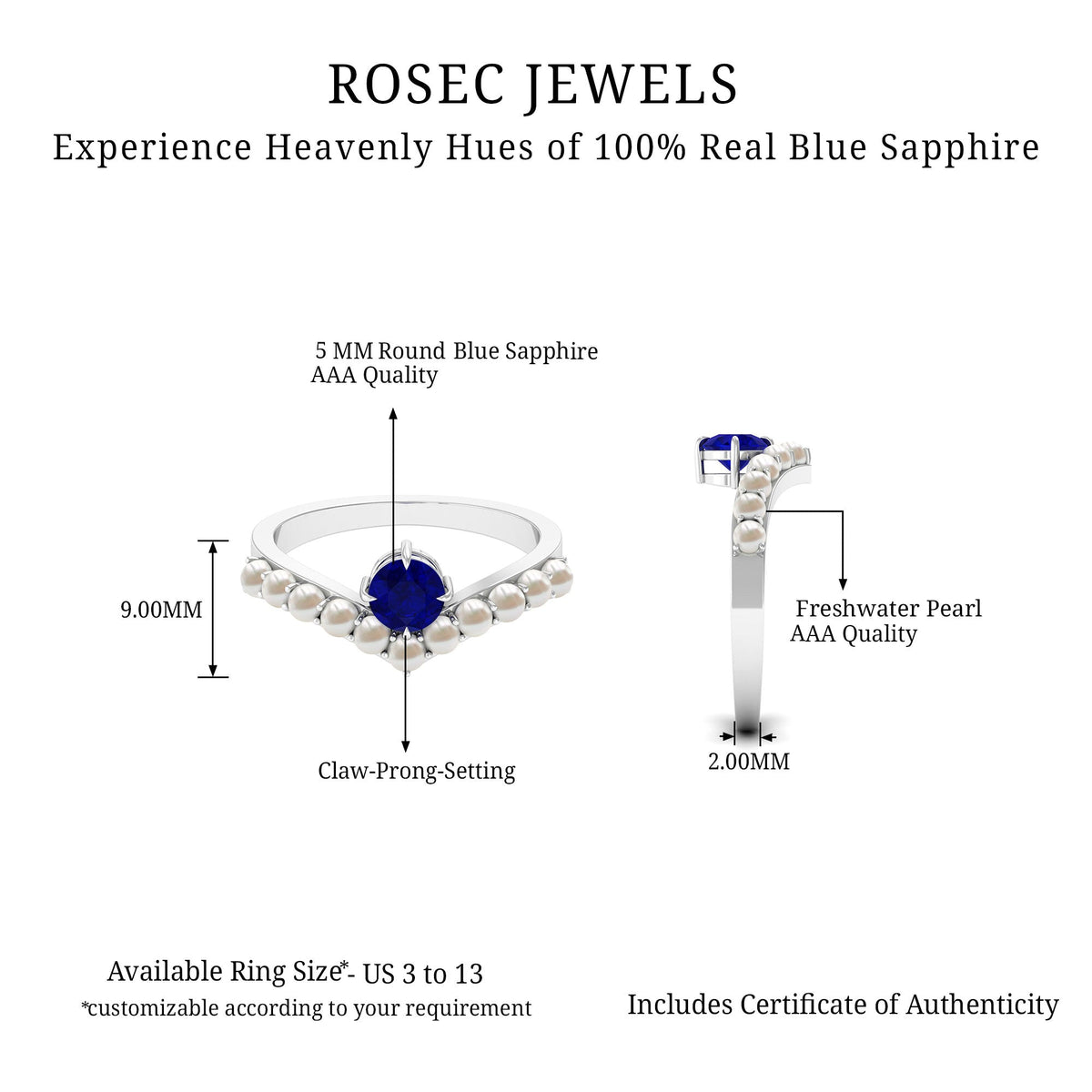 Blue sapphire and freshwater pearl chevron ring with 2-carat solitaire setting from Rosec Jewels, showcasing elegant jewelry design.