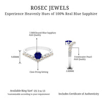 Blue sapphire and freshwater pearl chevron ring with 2-carat solitaire setting from Rosec Jewels, showcasing elegant jewelry design.