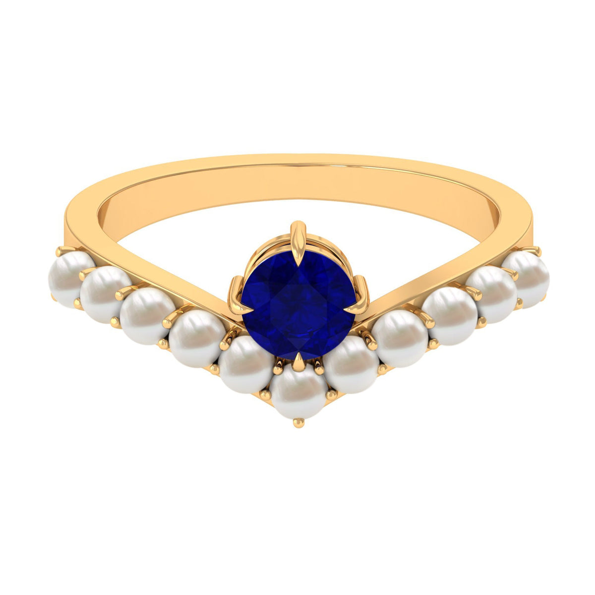 Rosec Jewels 2 ct solitaire blue sapphire and freshwater pearl Chevron ring, showcasing a elegant design with sparkling stones.