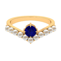 Rosec Jewels 2 ct solitaire blue sapphire and freshwater pearl Chevron ring, showcasing a elegant design with sparkling stones.
