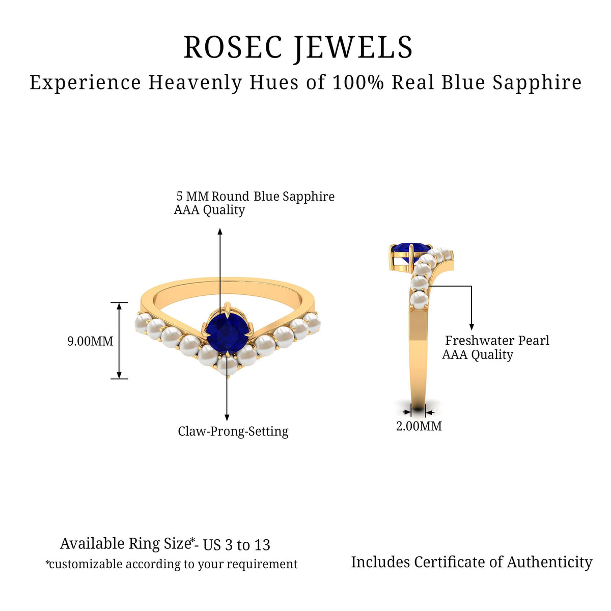 Blue sapphire and freshwater pearl chevron ring from Rosec Jewels, showcasing the elegant 2 CT solitaire design.