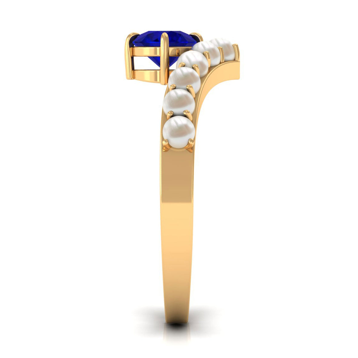 Blue sapphire and freshwater pearl chevron ring with 2 carats, featuring rose gold accents, designed by Rosec Jewels.