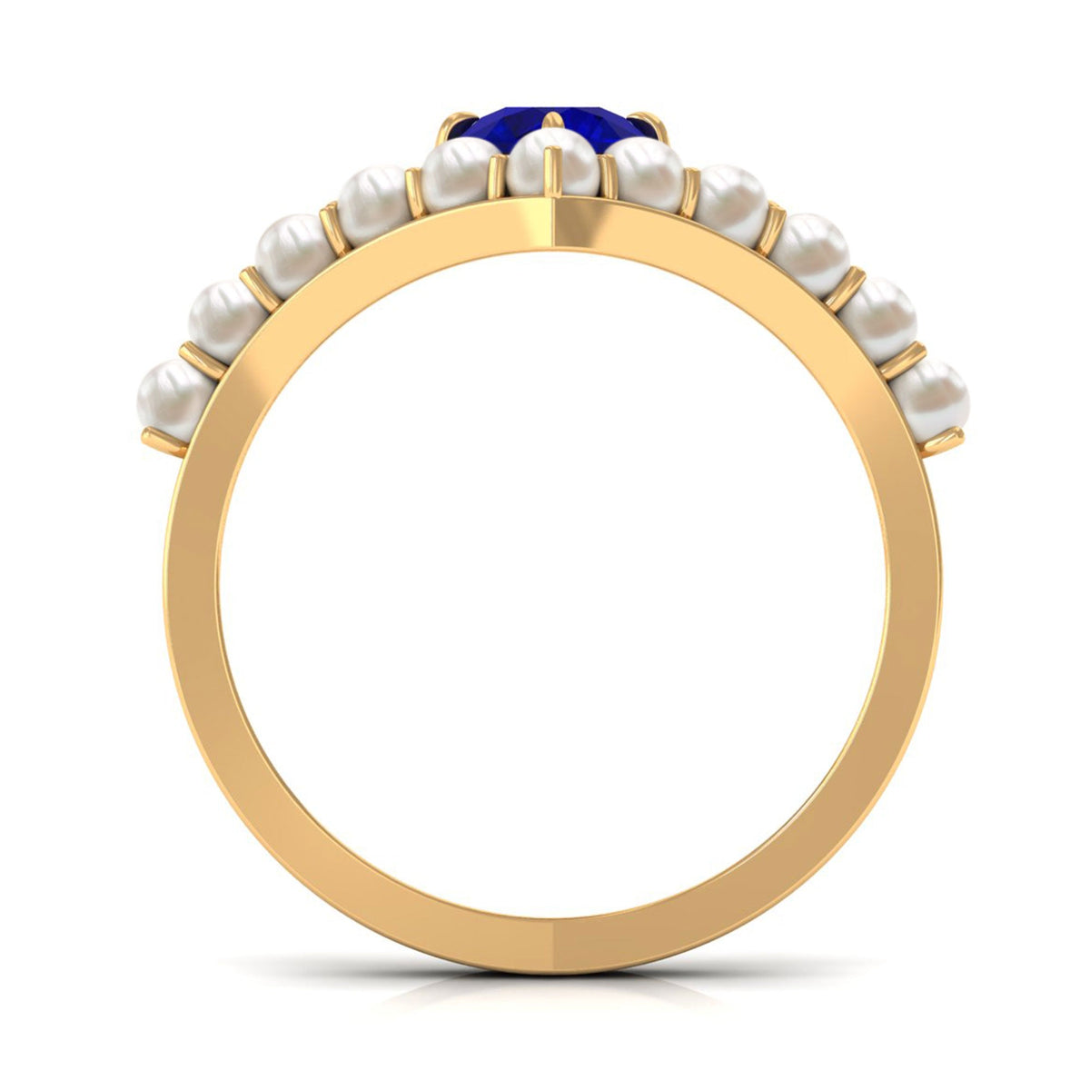 Rosec Jewels 2 CT solitaire blue sapphire and freshwater pearl chevron ring, showcasing elegant design with vibrant gemstones and pearls.