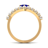 Rosec Jewels 2 CT solitaire blue sapphire and freshwater pearl chevron ring, showcasing elegant design with vibrant gemstones and pearls.