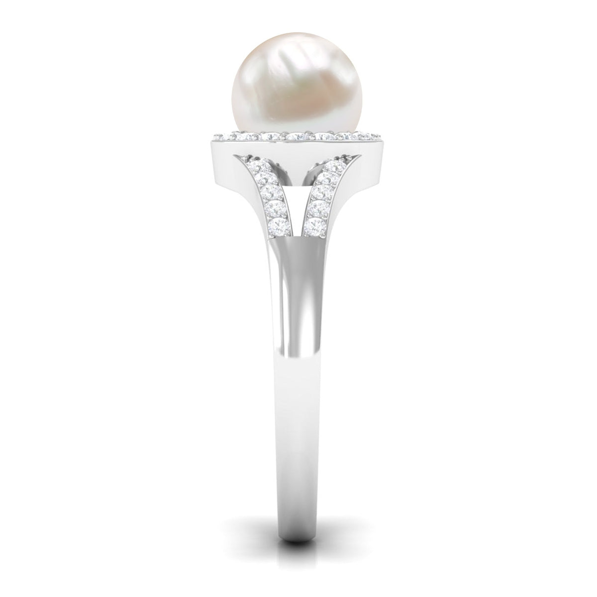 Rosec Jewels freshwater pearl engagement ring with split shank and diamond halo for a romantic, elegant jewelry look.