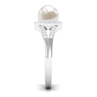 Rosec Jewels freshwater pearl engagement ring with split shank and diamond halo for a romantic, elegant jewelry look.