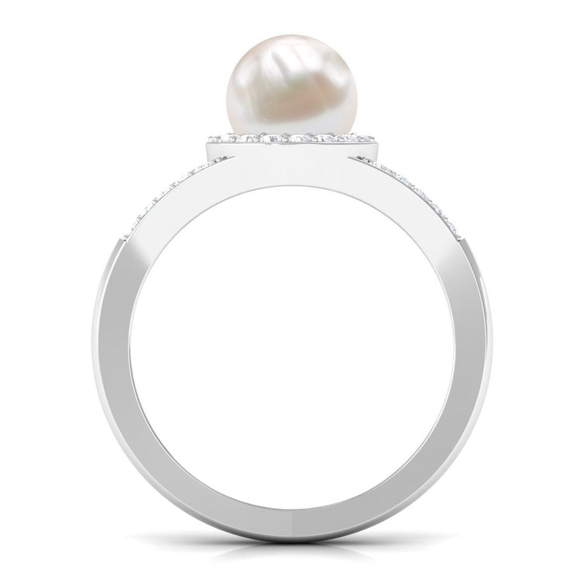 Rosec Jewels freshwater pearl engagement ring with split shank design and diamond halo, showcasing elegant craftsmanship.