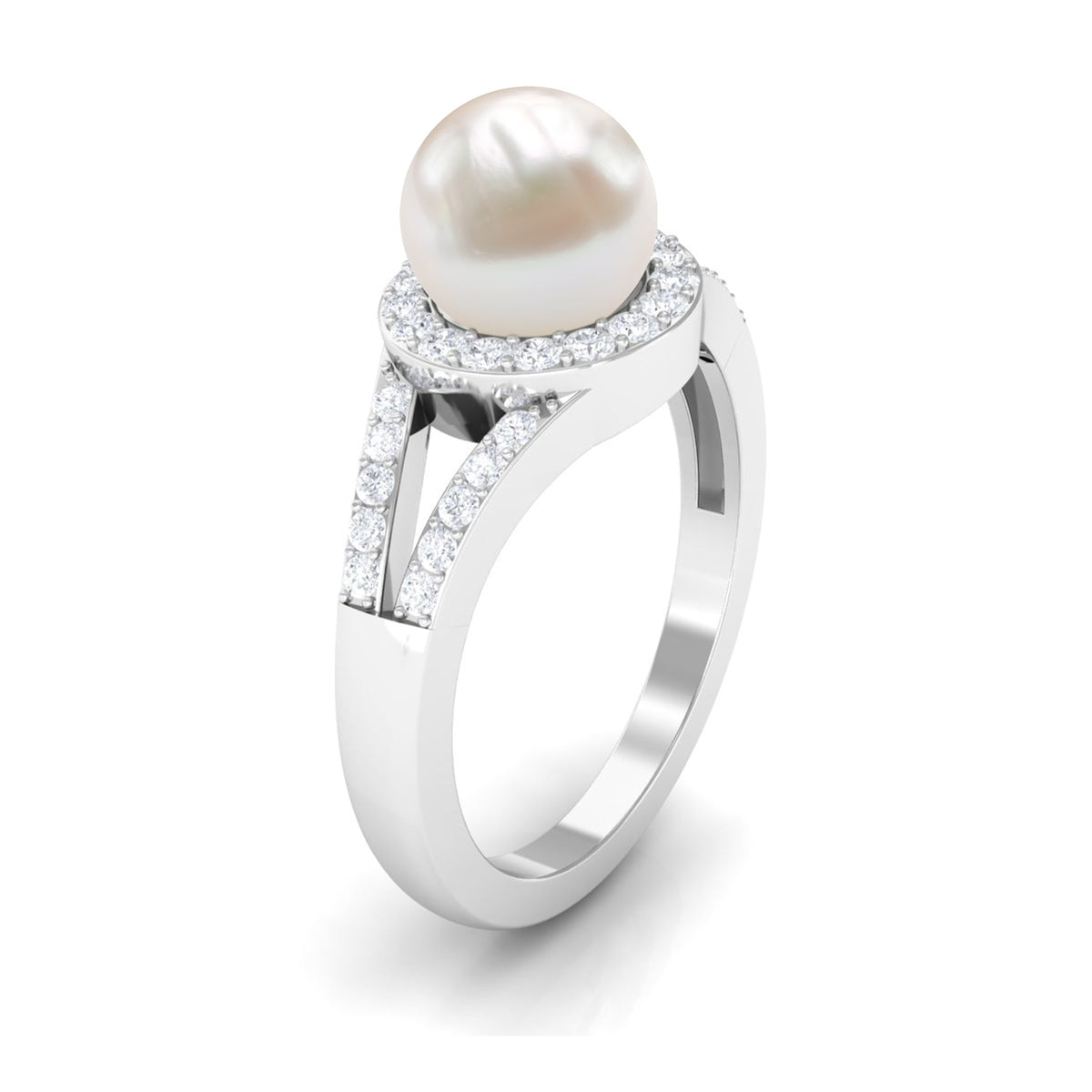 Rosec Jewels freshwater pearl engagement ring with split shank and diamond halo, showcasing elegant design and sparkling accents.